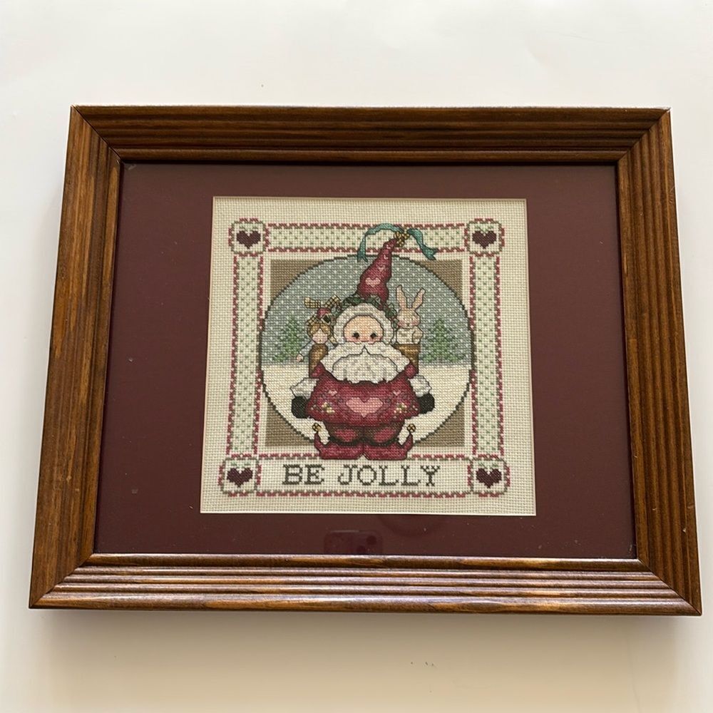 Vintage Christmas Santa Cross Stitch Framed Art Matted picture wall‎ hanging